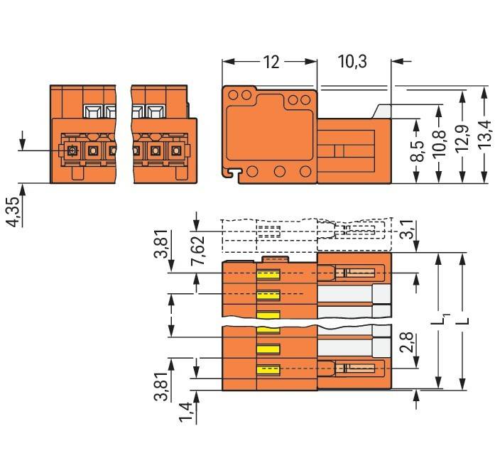 Eine technische Zeichnung eines elektrischen Verbindungsstücks mit detaillierten Maßangaben: Abmessungen sind in Millimetern für verschiedene Bauteile dargestellt.