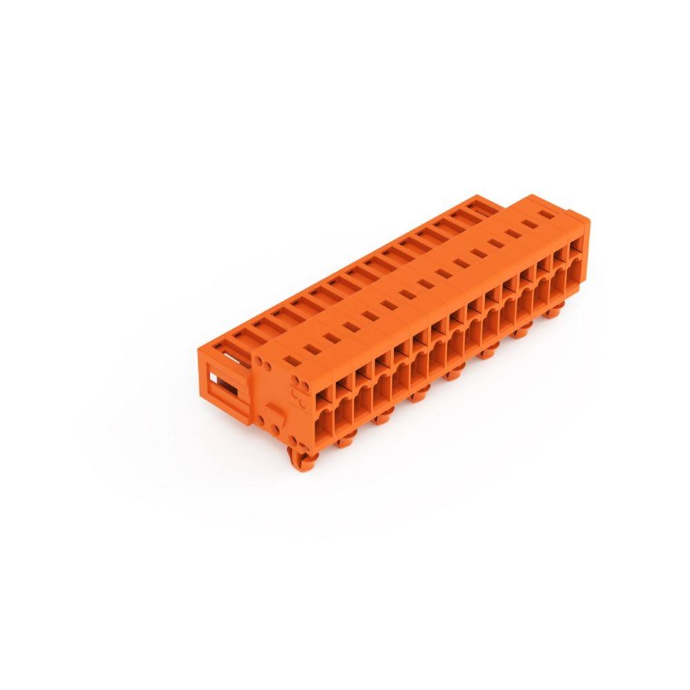 Ein orangefarbener, rechteckiger Steckverbinder mit mehreren Anschlüssen, entworfen für Schaltungsverkabelungsanwendungen.