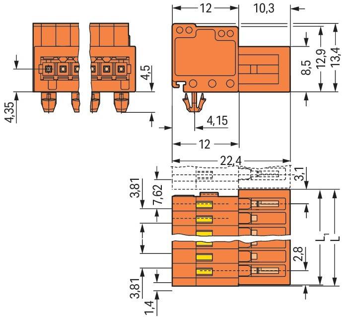 Technische Zeichnung eines elektrischen Anschlusses mit in Millimetern beschrifteten Abmessungen. Front-, Seiten- und Draufsicht werden dargestellt.