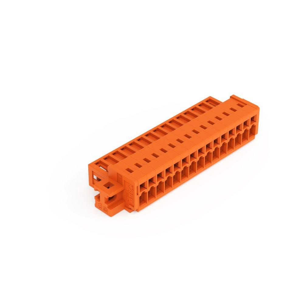 Ein orangefarbiger rechteckiger elektronischer Stecker mit mehreren Schlitzen, entwickelt für Kabel- oder Drahtverbindungen, vor einem weißen Hintergrund dargestellt.