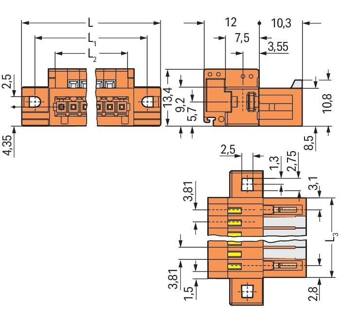 Technische Zeichnung eines elektrischen Anschlusses mit beschrifteten Maßangaben in Millimetern, die Ansichten von oben und der Seite für die Installation zeigen.