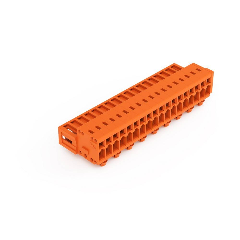 Ein orangefarbener Kunststoff-Elektrostecker-Block mit mehreren Schlitzen zum Verdrahten, aus einer abgewinkelten Perspektive gezeigt.