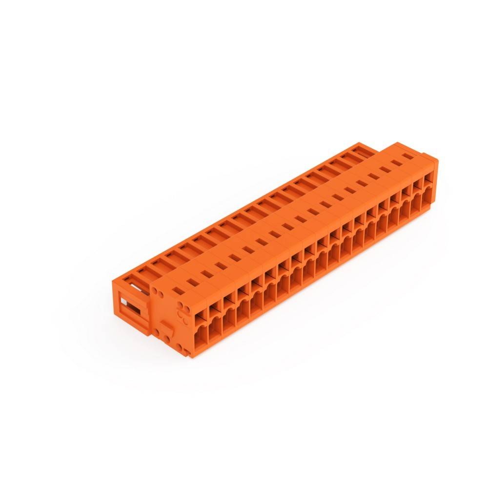 Ein orangefarbener elektrischer Klemmblock mit mehreren Anschlüssen, der zum Verbinden und Organisieren von Drähten verwendet wird.