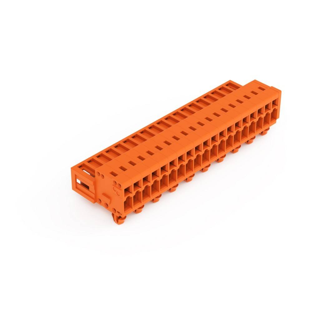 Ein orangefarbener rechteckiger Block mit mehreren kleinen quadratischen Löchern, der an einen Stecker oder eine Klemmleiste erinnert, von einem Winkel aus betrachtet.