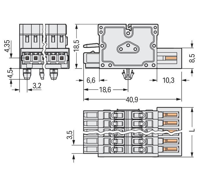Technische Zeichnung eines Leistungsschalters mit detaillierten Maßangaben, einschließlich Höhe (18,5 mm), Breite (41,5 mm) und mehreren Seitenansichten.