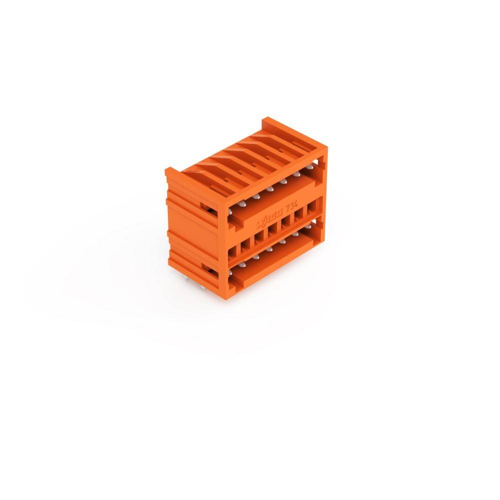 Ein orangefarbener elektronischer Stecker mit mehreren Stiften, entwickelt für sichere elektrische Verbindungen in Leiterplatten oder elektronischen Geräten.