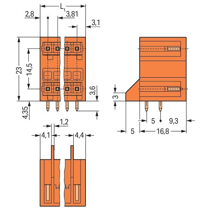 Technische Zeichnung eines orangenen elektrischen Verbindungsstücks mit drei Ansichten: Vorderansicht, Seitenansicht und Schnittansicht. Maße in Millimetern angegeben.