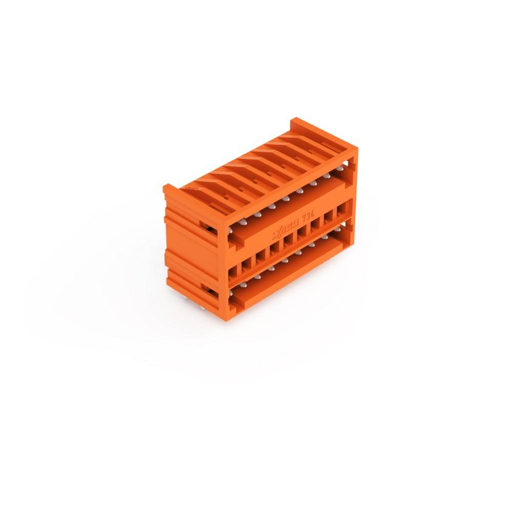 Ein orangefarbener Kunststoffverbindungsblock mit mehreren Schlitzen, der für elektrische Verdrahtung verwendet wird, auf einem einfachen weißen Hintergrund platziert.