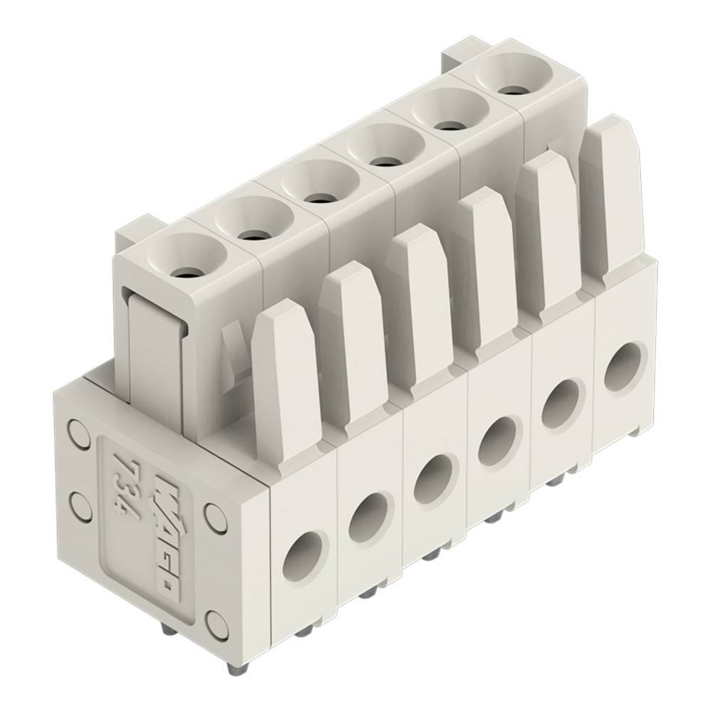 Ein sechspositioner Grau-Anschlussblock mit abgewinkelten, nummerierten Schlitzen für elektrische Anschlüsse, mit einem WAGO-Logo an der Seite.