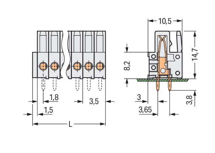 Technische Zeichnung eines Verbindungsstücks mit Abmessungen: 1,8 mm, 1,5 mm, 3,5 mm, 3 mm, 10,5 mm, 8,2 mm und 3,65 mm.