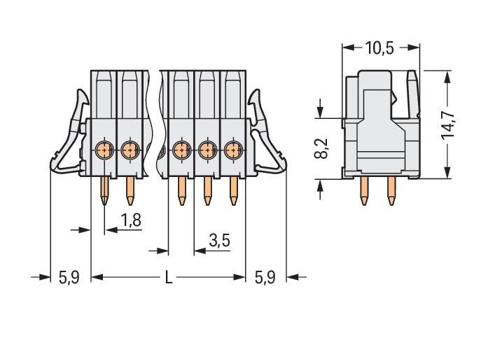 Technische Zeichnung eines elektrischen Anschlusses mit Maßangaben. Frontansicht zeigt drei Stifte und eine Seitenansicht mit Details der Abmessungen: L, 10,5, 8,2, 5,9.
