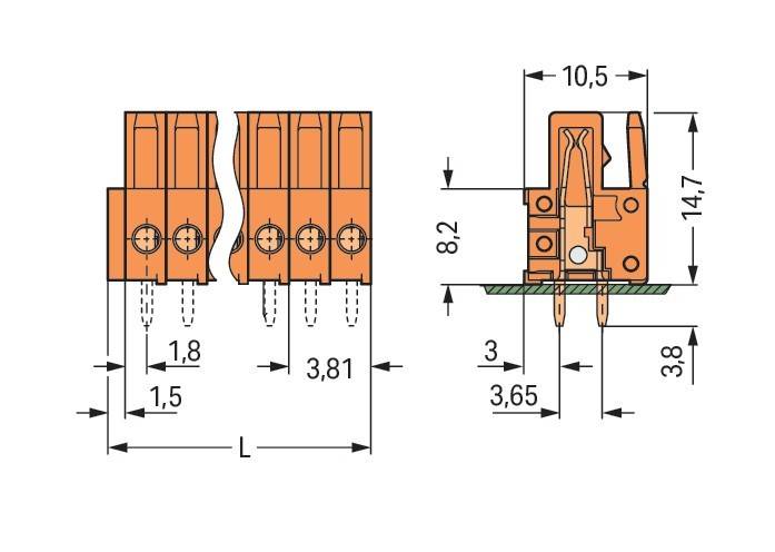 Technische Zeichnung eines elektrischen Anschlusses, mit Seiten- und Unteransicht, mit gekennzeichneten Schlüsselmessungen: 1,5, 1,8, 3,65, 3,81, 8,2, 10,5 Einheiten.