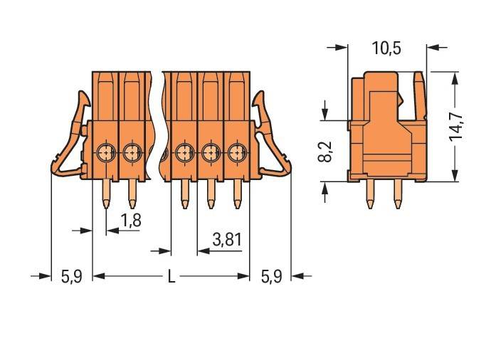 Technische Zeichnung eines orangefarbenen elektrischen Steckers mit beschrifteten Abmessungen: 5,9, 3,81, 1,8, 8,2 und 10,5.
