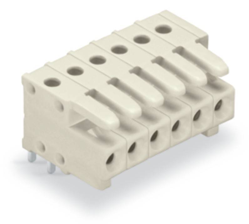 Ein beiger Klemmenblock mit fünf Positionen, seitlichem Kabeleingang und Metallstiften für Schaltungsverbindungen.