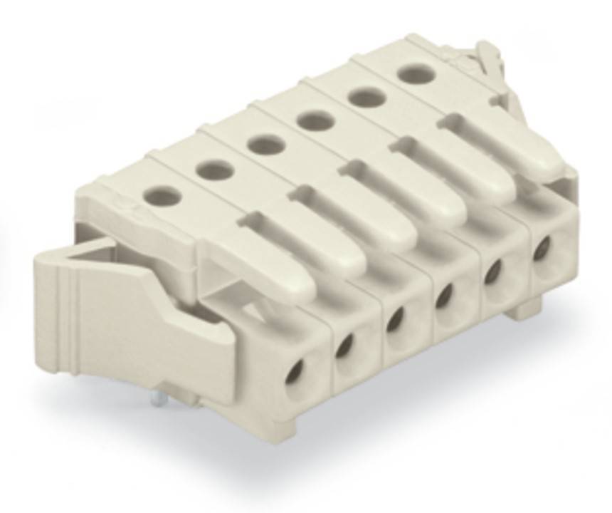 Ein beiger Klemmenblock aus Kunststoff mit fünf Anschlusspunkten, der ein kompaktes Design für elektrische Verdrahtungsanwendungen aufweist.