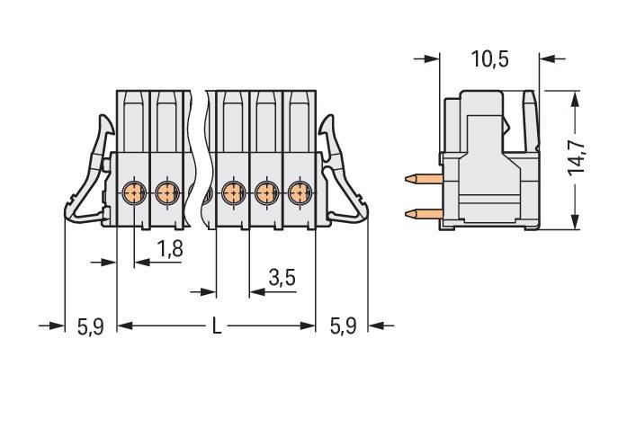 Technische Zeichnung eines Anschlussblocks mit 5,08 mm Rastermaß, Seiten- und Frontansicht mit beschrifteten Abmessungen in Millimetern: 5,9, 1,8, 3,5, 5,9, 10,5.