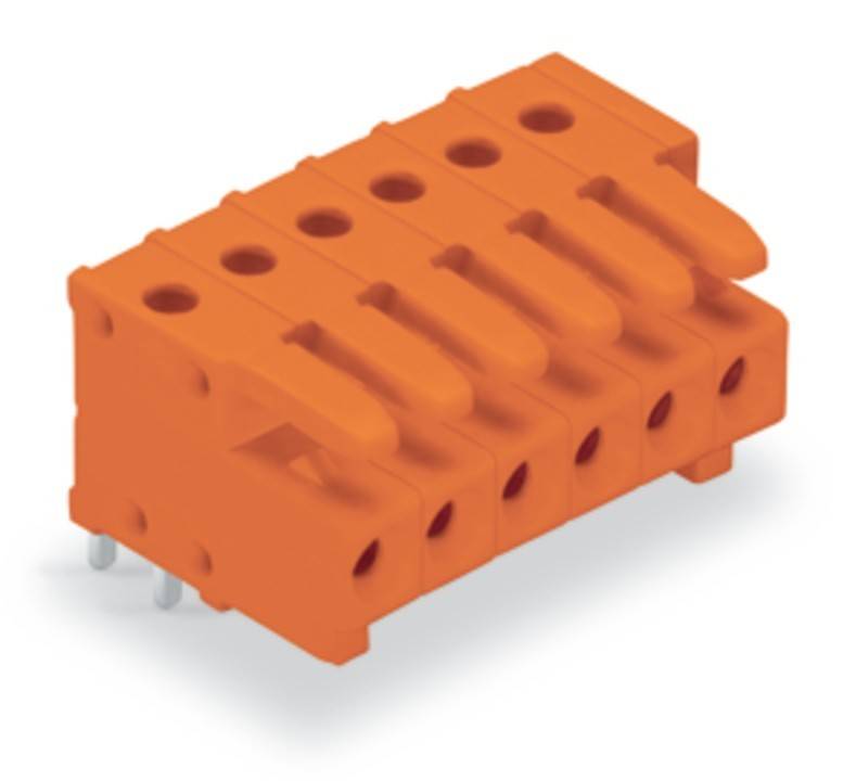 Orangefarbener elektrischer Verbindungsblock mit mehreren Anschlüssen und Metallstiften.