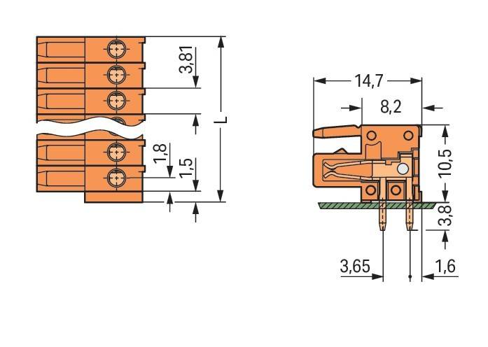 Technische Zeichnung eines elektrischen Verbindungsstücks mit Abmessungen: 3,81 mm, 14,7 mm, 8,2 mm, 3,65 mm und 1,8 mm. Seiten- und Draufsicht dargestellt.