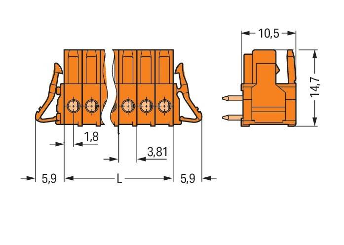 Diagramm eines orangen elektrischen Verbinders mit Abmessungen. Es zeigt sich gegenüberliegende Verbinder mit Pins auf der rechten Seite und Entfernungsmessungen.
