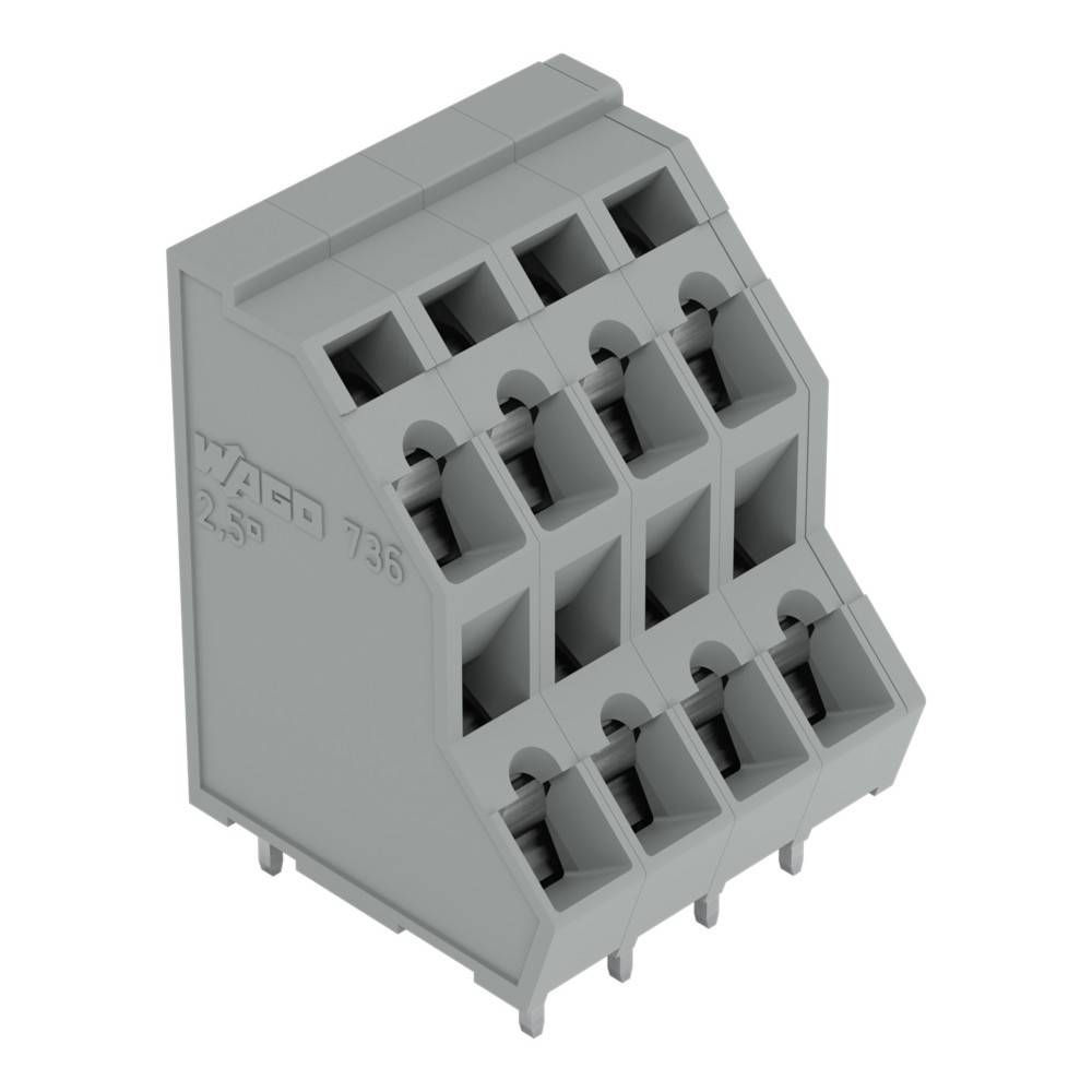 Ein 3D-Modell eines grauen elektrischen Anschlussblocks mit sechs Anschlüssen, auf der Seite mit 'WAGO 736 2.5' beschriftet.