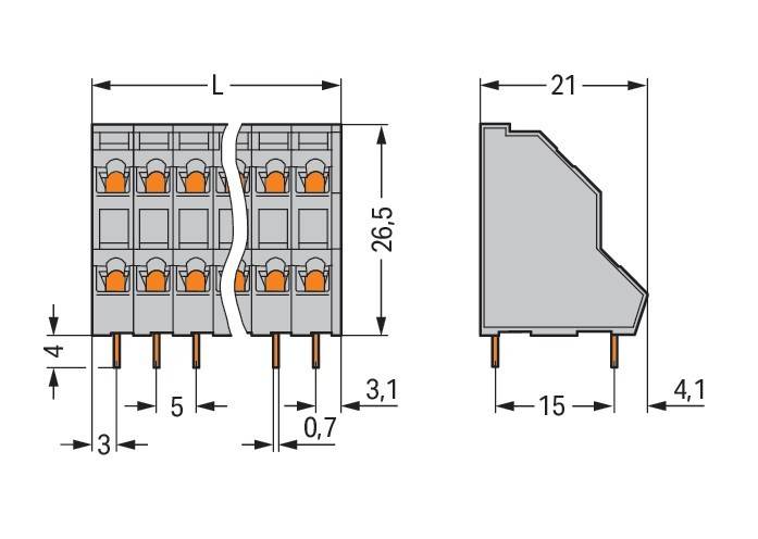 Technische Zeichnung eines elektrischen Klemmenblocks. Frontansicht zeigt vier Kontaktpunkte mit Maßangaben. Seitenansicht zeigt Abmessungen von Höhe 26,5 mm, Breite 21 mm und Tiefe 15 mm.