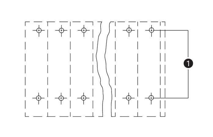 Technische Zeichnung, die eine Reihe paralleler gestrichelter Linien mit Kreuzen und kleinen Kreisen zeigt. Wahrscheinlich stellt sie eine Bauteil- oder Strukturanordnung dar.