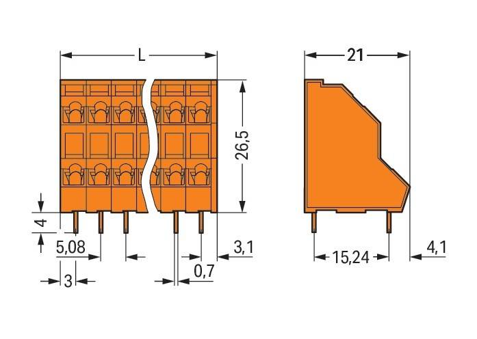 Technische Zeichnung eines orangefarbenen elektrischen Steckverbinders mit Maßangaben. Die Vorder- und Seitenansicht zeigen Abmessungen: Höhe 26,5 mm, Breite 21 mm, Länge L (nicht spezifiziert) und Basishöhe 15,24 mm.