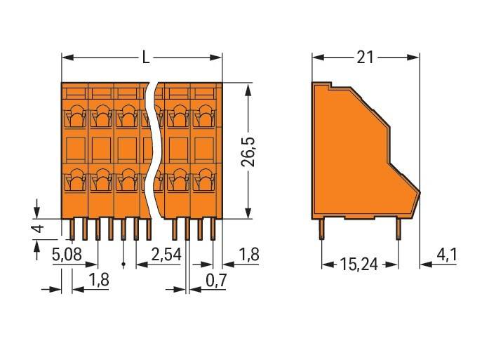 Technische Zeichnung einer elektrischen Komponente mit Maßangaben: Länge 21 mm, Höhe 26,5 mm und variierende Breiten mit Pinabständen.