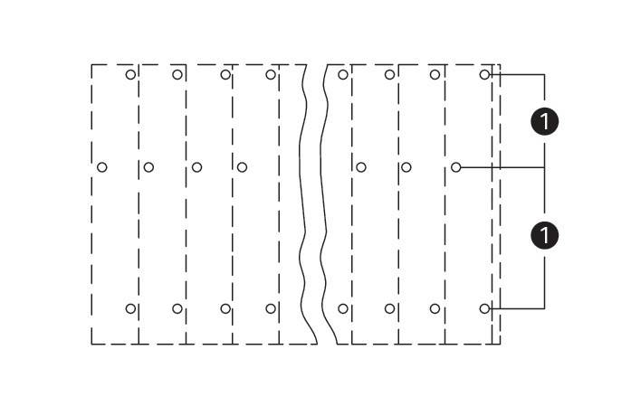 Diagramm eines strukturellen Details mit Säulen und Balken, wobei Linien und Kreise Verbindungen und Fugen anzeigen.