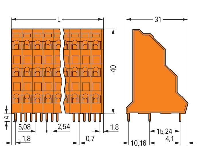 Eine technische Zeichnung eines Anschlusses zeigt Front- und Seitenansichten mit beschrifteten Abmessungen: 31 mm Breite, 40 mm Höhe und spezifische Pinabmessungen.