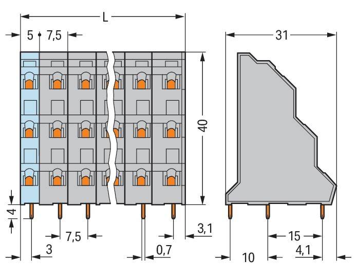 Elektrischer Anschlussklemmenplan mit Maßangaben. Frontansicht: 7,5 mm Breite pro Einheit, 40 mm Höhe; Seitenansicht: 31 mm Gesamtbreite.