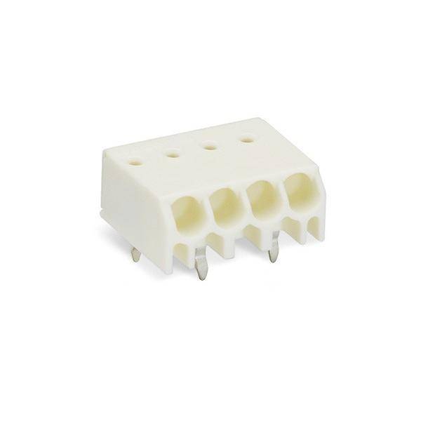 Ein weißer Kunststoff-Elektroverbinder mit vier Anschlüssen und Metallstiften, konzipiert für den Einsatz in elektronischen Schaltkreisen oder Geräten.