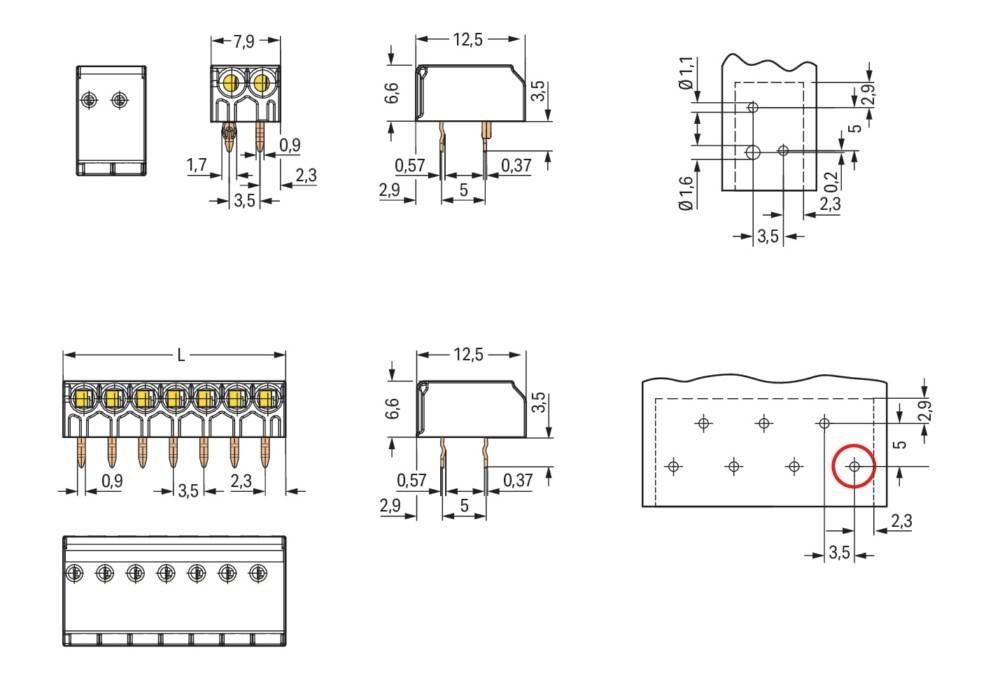Technische Zeichnung einer elektronischen Komponente mit Abmessungen in Millimetern; umfasst Seiten-, Ober- und Frontansicht mit Maßangaben.