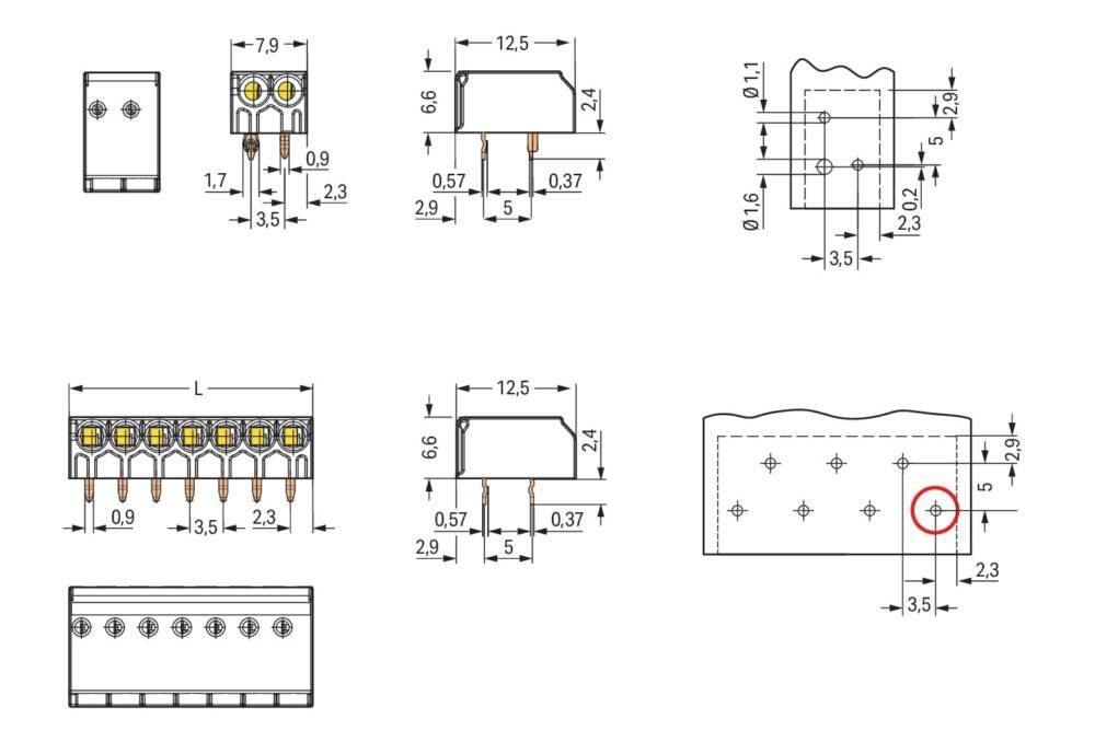 Technische Zeichnung zur Darstellung der Abmessungen verschiedener elektronischer Bauteile, einschließlich Widerstände und Anschlüsse, mit präzise beschrifteten Maßangaben.