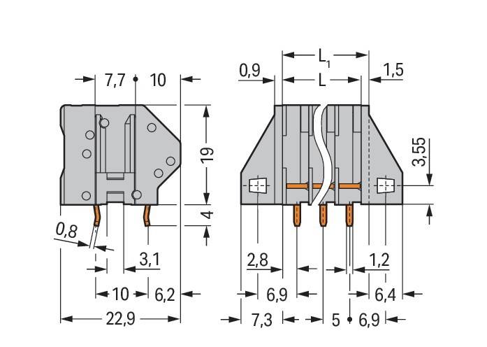 Technische Zeichnung eines 5-poligen Steckverbinders mit Abmessungen: 22,9 mm Breite, 10 mm Höhe, 19 mm Breite, 6,9 mm Abstand zwischen den Pins; zeigt Pinbelegung und Maße.