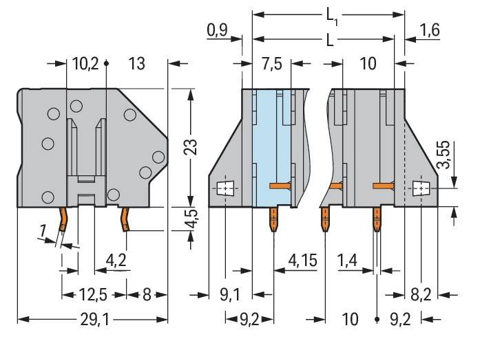 Technische Zeichnung einer elektronischen Komponente mit Maßangaben in Millimetern. Details umfassen Seiten- und Frontansichten und zeigen präzise Abmessungen.