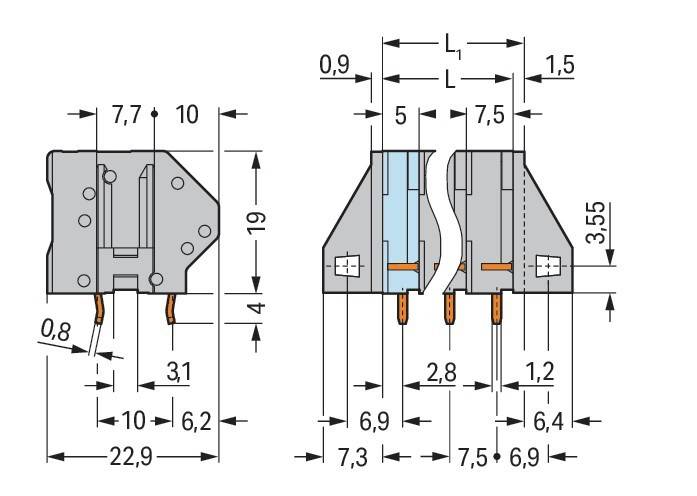 Technische Zeichnung einer elektrischen Komponente mit detaillierten Messungen in Millimetern, die Vorder- und Seitenansichten für präzise Designintegration zeigt.