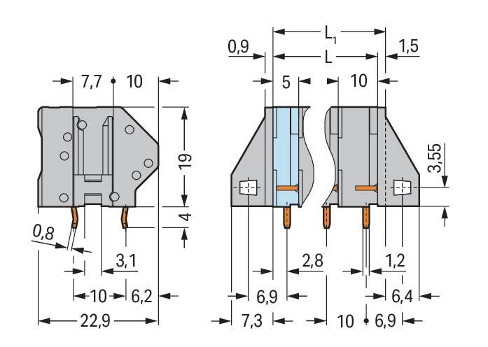 Diagramm zur Darstellung der Abmessungen einer mechanischen Komponente mit detaillierten Maßangaben in Millimetern für Höhe, Breite und Länge.