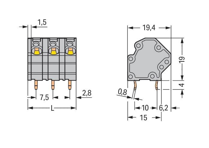 Eine technische Zeichnung einer elektronischen Komponente mit Maßangaben in Millimetern für verschiedene Dimensionen: 19,4, 15, 10, 6,2, 7,5, 2,8, 1,5, 0,8.