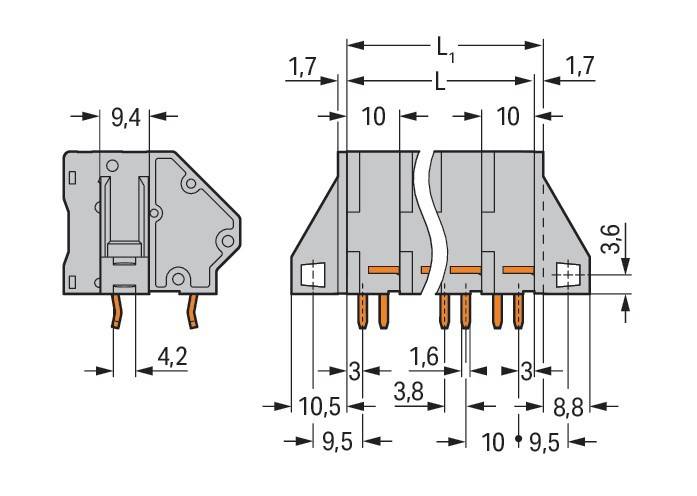 Technische Zeichnung zur Darstellung der Abmessungen eines elektrischen Anschlusses. Merkmale umfassen mehrere Stifte und Messungen, die für Konstruktionsspezifikationen entscheidend sind.