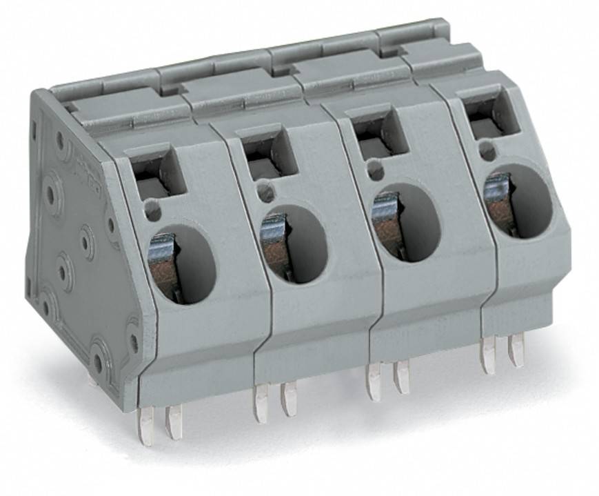 Ein grauer Mehrfach-Steckverbinder mit vier Öffnungen, die jeweils einen metallischen Kontakt für elektrische Verbindungen enthalten, aus einem Winkel betrachtet.