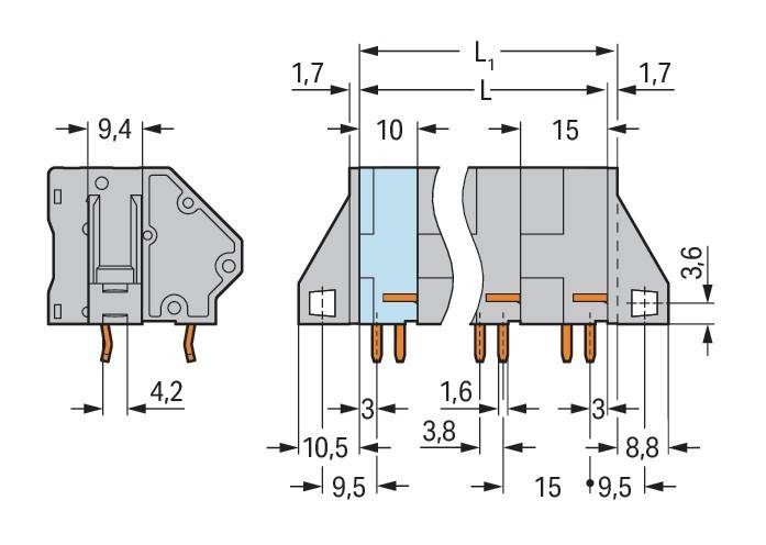 Technische Zeichnung einer elektronischen Komponente mit Maßangaben. Abmessungen in Millimetern umfassen Höhe, Breite und verschiedene Längen.