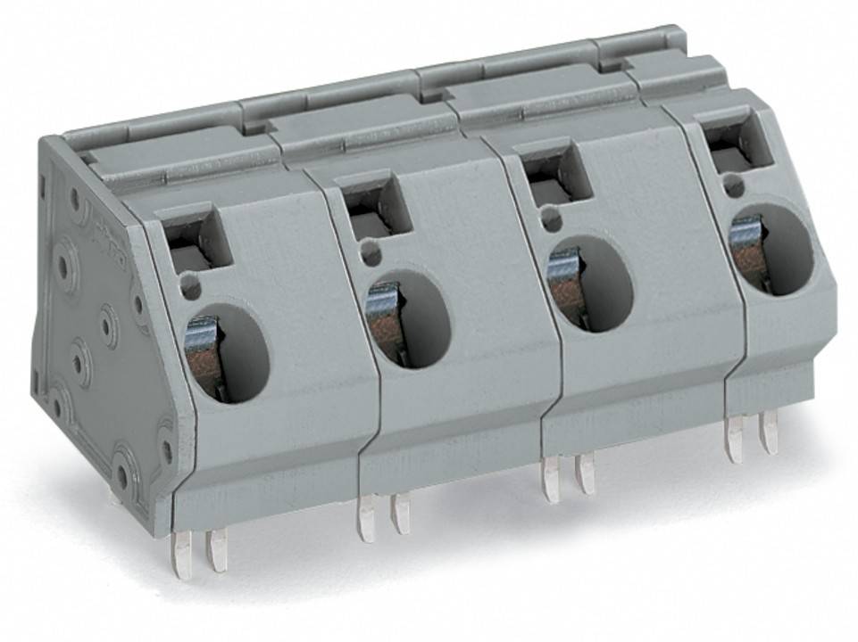 Ein grauer elektrischer Anschlussblock mit drei Anschlussöffnungen und Metallstiften zum Verdrahten, verwendet in elektronischen und elektrischen Anwendungen.