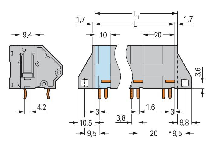 Technische Darstellung eines elektrischen Relais mit Seiten- und Frontansicht. Beschriftete Abmessungen zeigen Größe und Details der Anschlüsse.