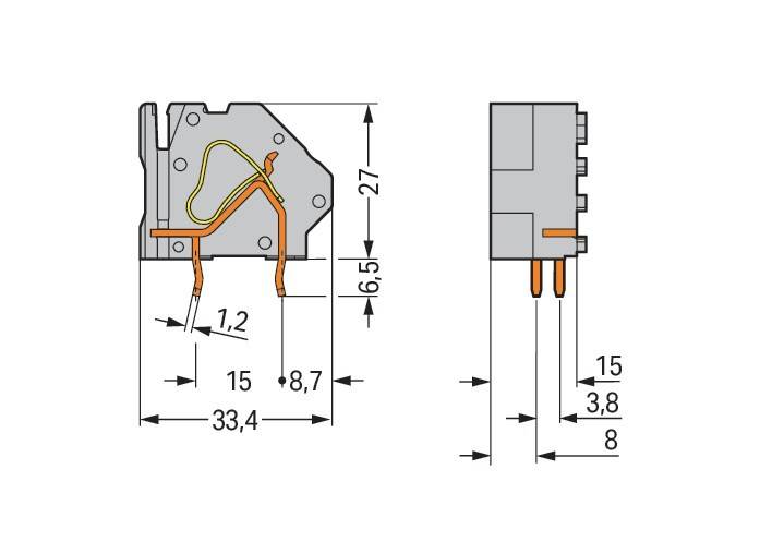 Diagramm einer elektrischen Relaiskomponente, das die Abmessungen zeigt: 33,4 mm Breite, 27 mm Höhe, mit beschrifteten und vermessenen Anschlusspunkten.