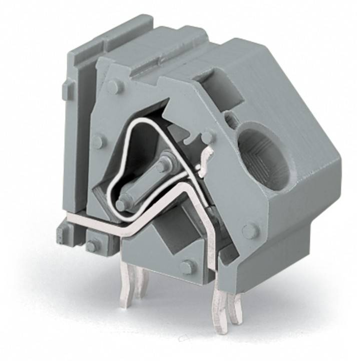 Eine graue mechanische Komponente, die einem Verbinder oder einer Klemme ähnelt, mit sichtbaren Metallkontakten und einem Verschließmechanismus. Verwendet in elektrischen Anwendungen.