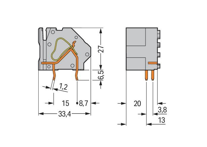 Diagramm einer elektronischen Komponente mit Vorder- und Seitenansicht, mit Maßangaben: Höhe 27mm, Breite 15mm, Tiefe 33,4mm.