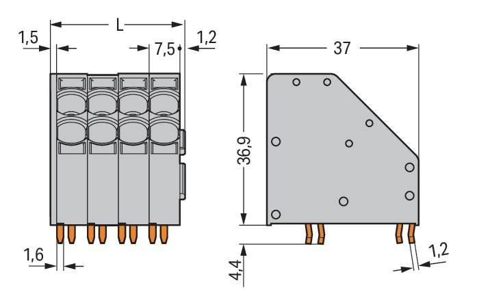 Technische Seitenansicht und Frontansicht eines elektrischen Steckverbinders, mit Abmessungen: 7,5 mm, 37 mm, 36,9 mm, 4,4 mm und einer Eckenmessung von 1,2 mm.