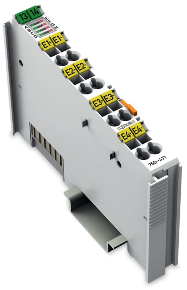 Ein grauer elektrischer Anschluss mit beschrifteten gelben Klemmklemmen, für den industriellen Einsatz konzipiert, mit Produktcode '750-471'.