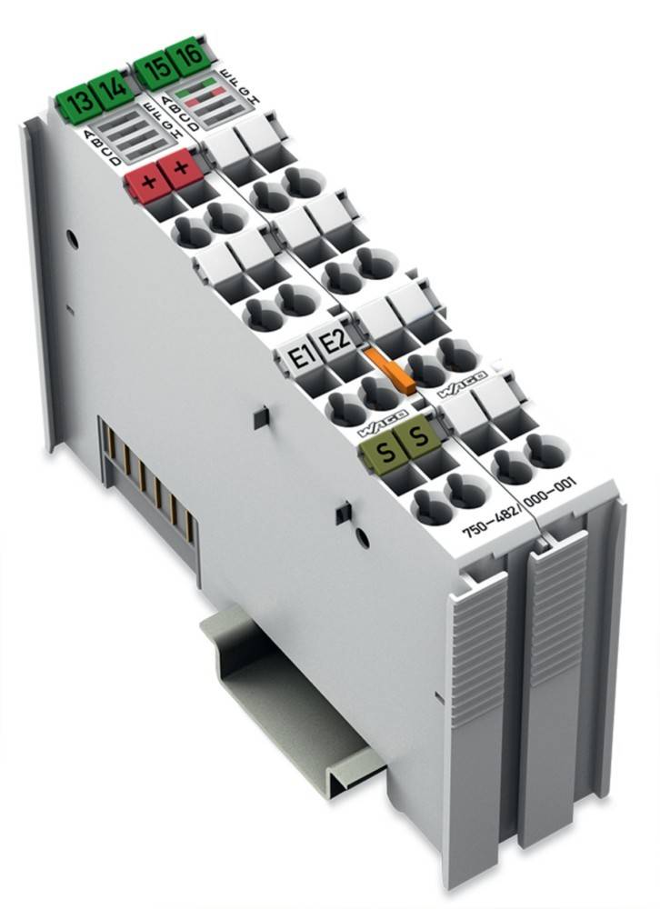 Eine Nahaufnahme eines modularen elektronischen Anschlusspanels mit verschiedenen gekennzeichneten Verbindungen wie 'E1', 'E2', 'V1' und 'S'.